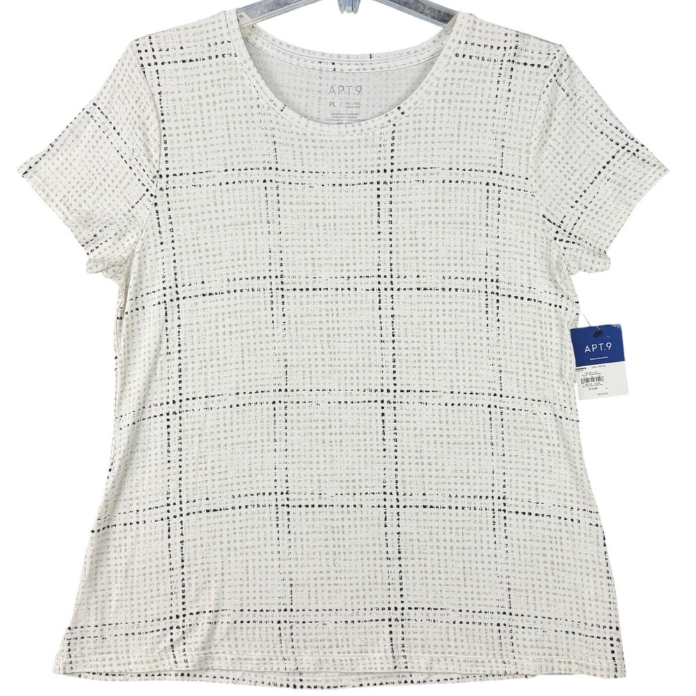 NEW Apt 9 Women's Petite‎ Large Essential Crewneck Tee White Black Plaid Stretch